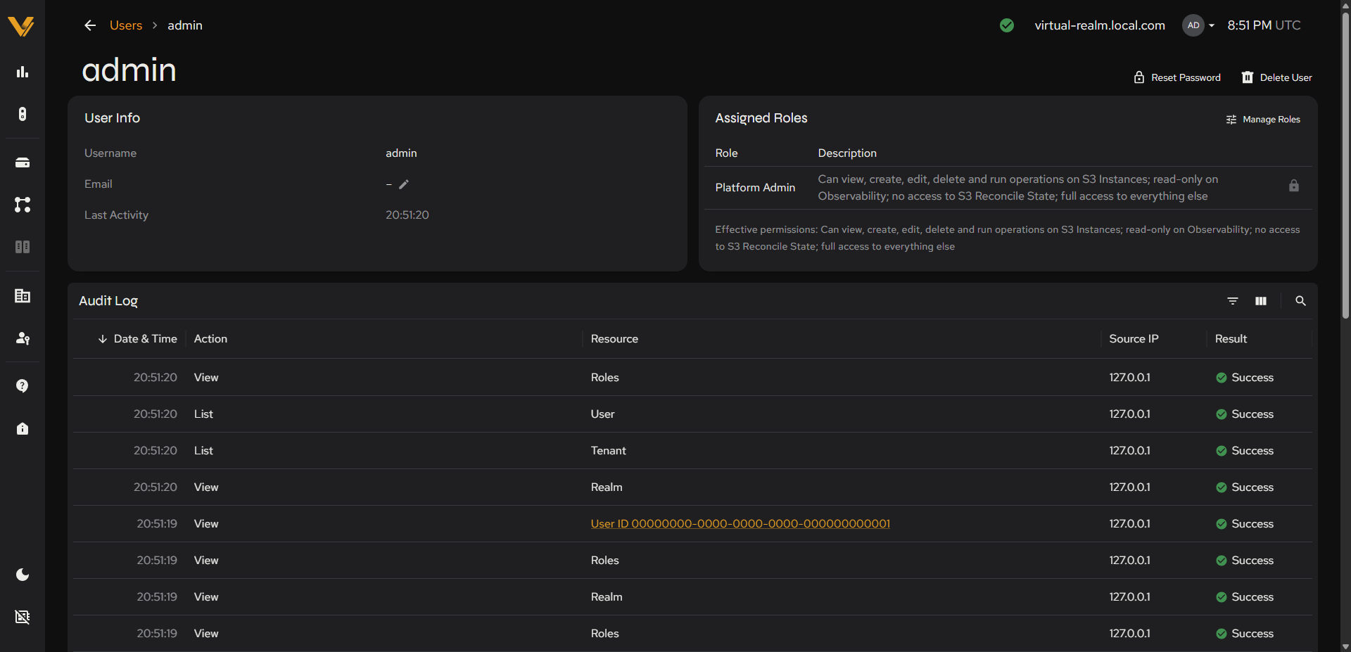 Full user detail page (User Info/Assigned Roles/Audit Log)