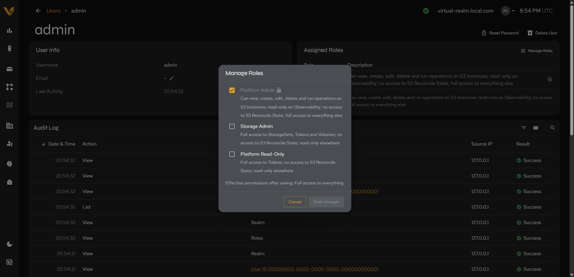 The Manage Roles modal for a user