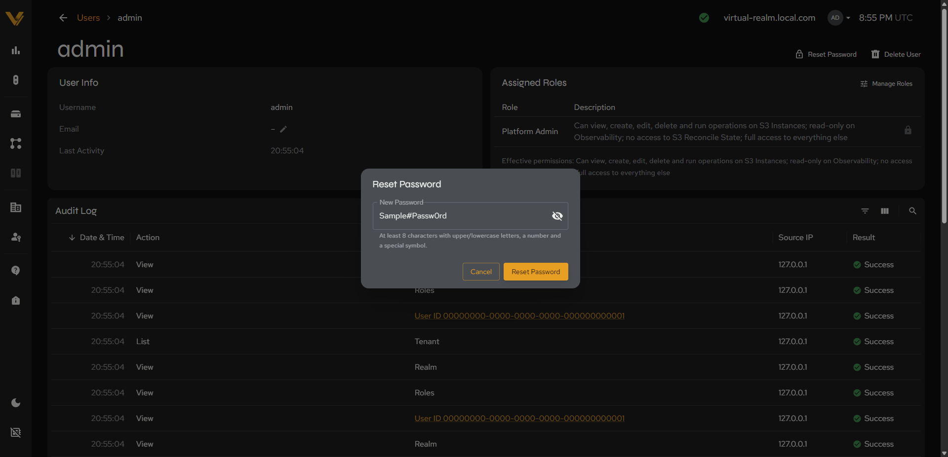 The Reset Password modal, with the password field’s show/hide toggled on