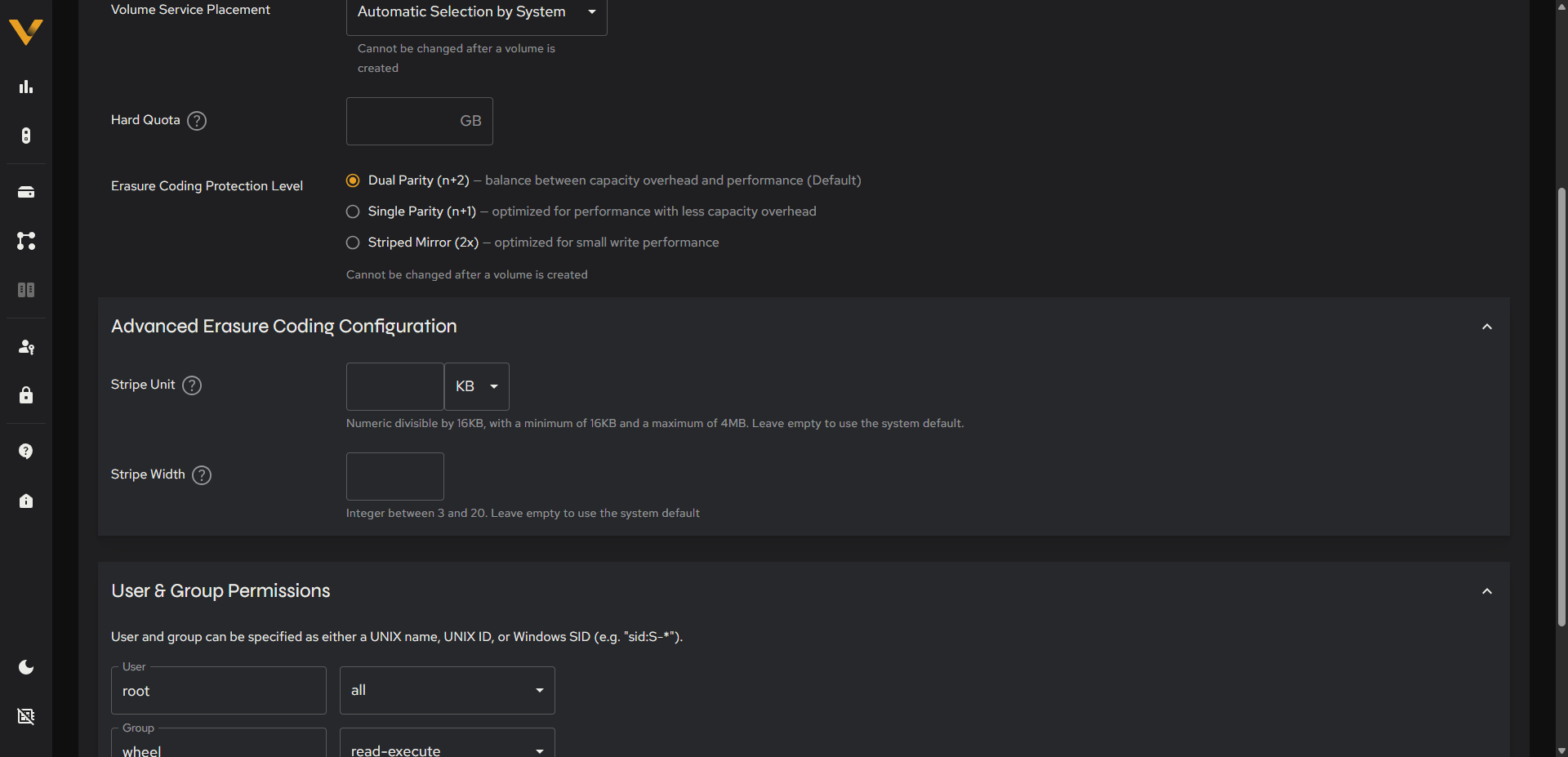 Advanced Erasure Coding Configuration section expanded (Stripe Unit/Stripe Width)