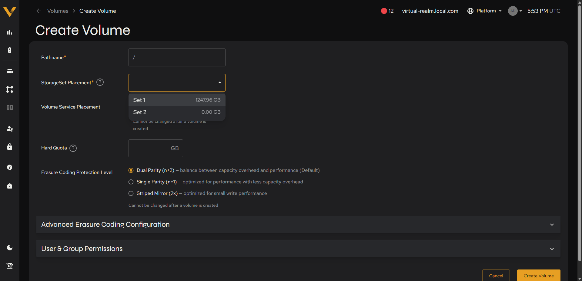 The StorageSet Placement dropdown open, showing each StorageSet with its available capacity