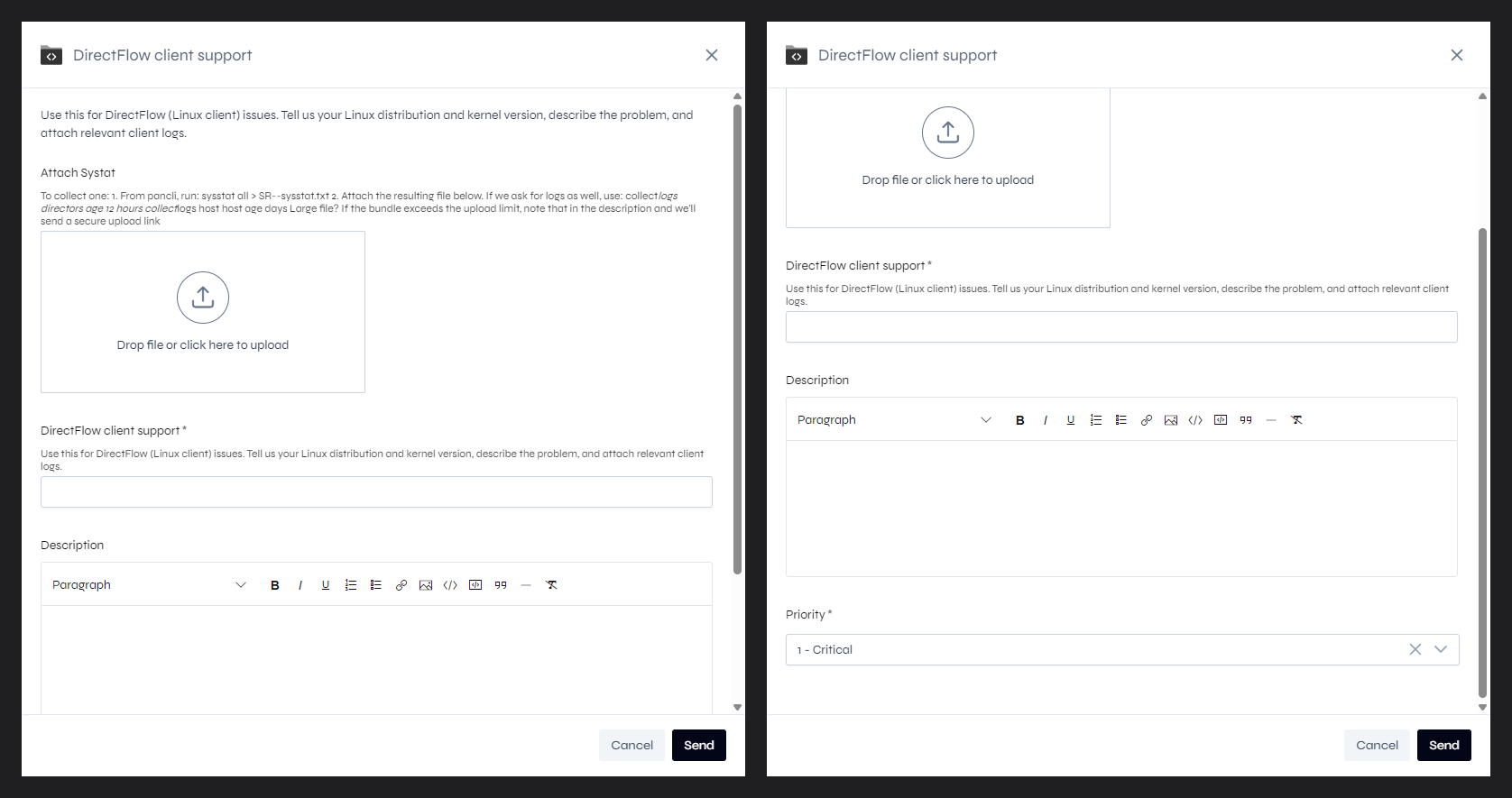 The DirectFlow client support form