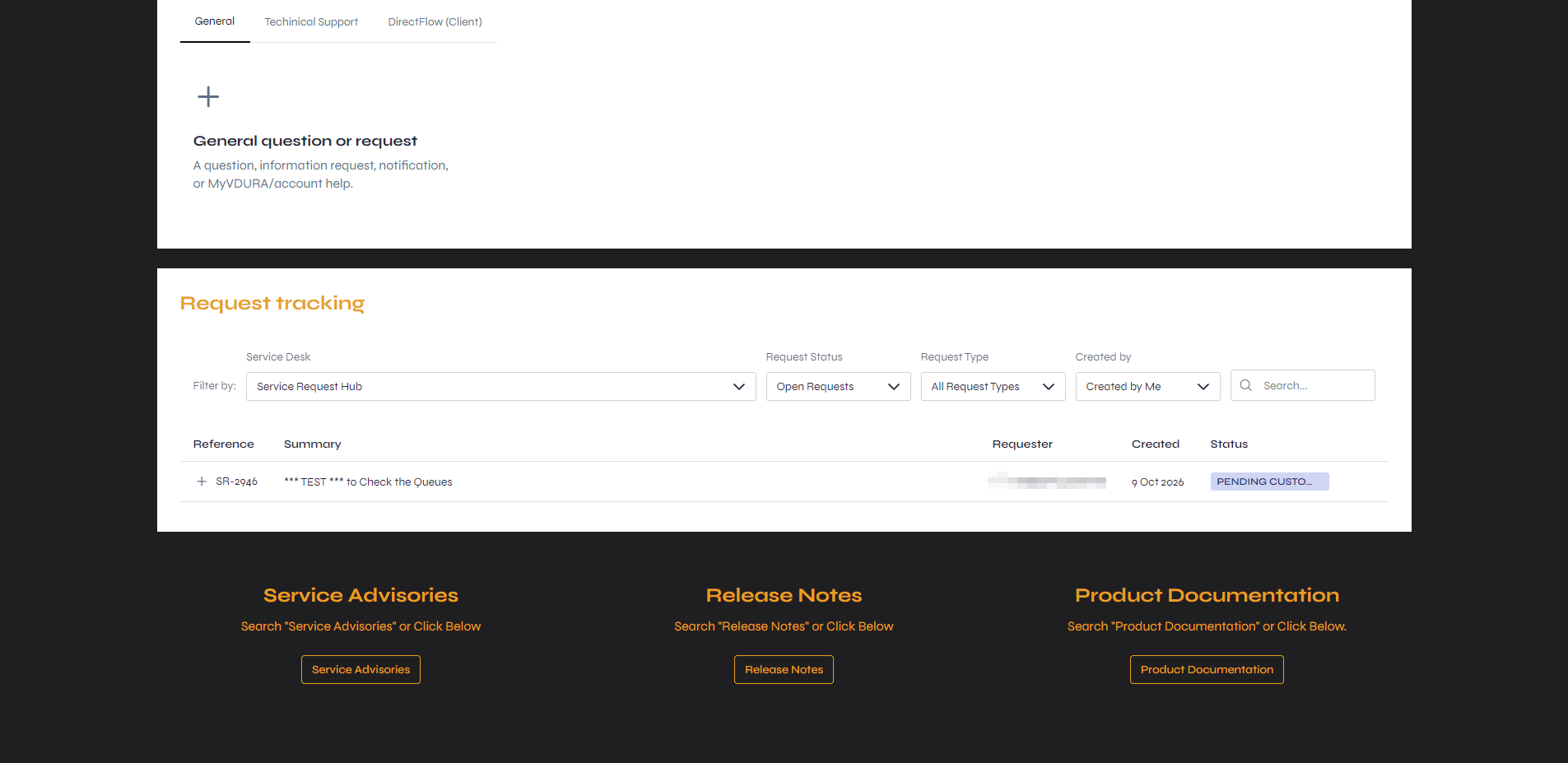 The lower part of the home page, with the requester’s name blurred
