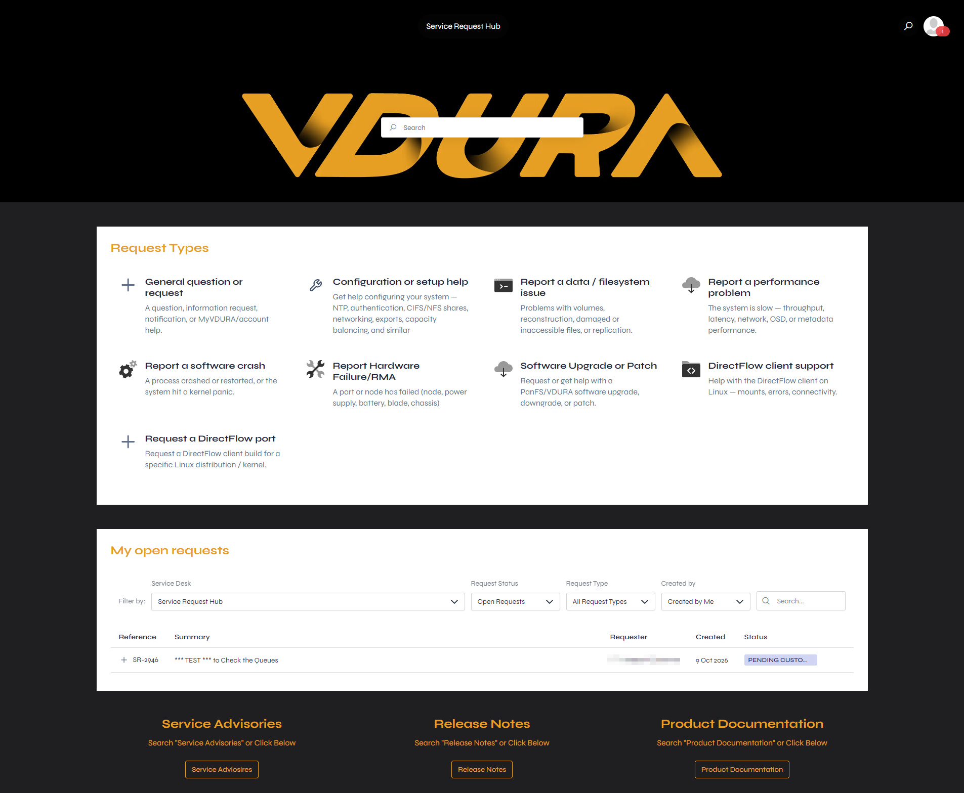The Service Request Hub page, with the requester’s name blurred