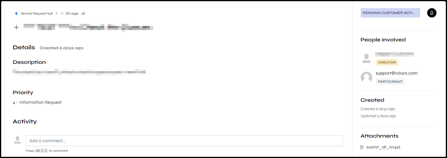 A request’s detail page, with names and text blurred