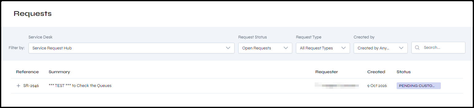 The Requests page, with a request’s summary and requester blurred