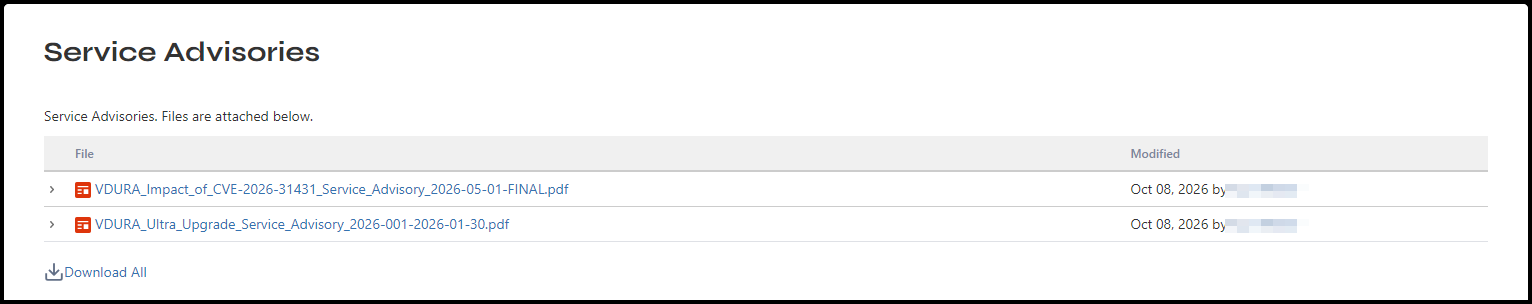 The Service Advisories page, with the modifier names blurred